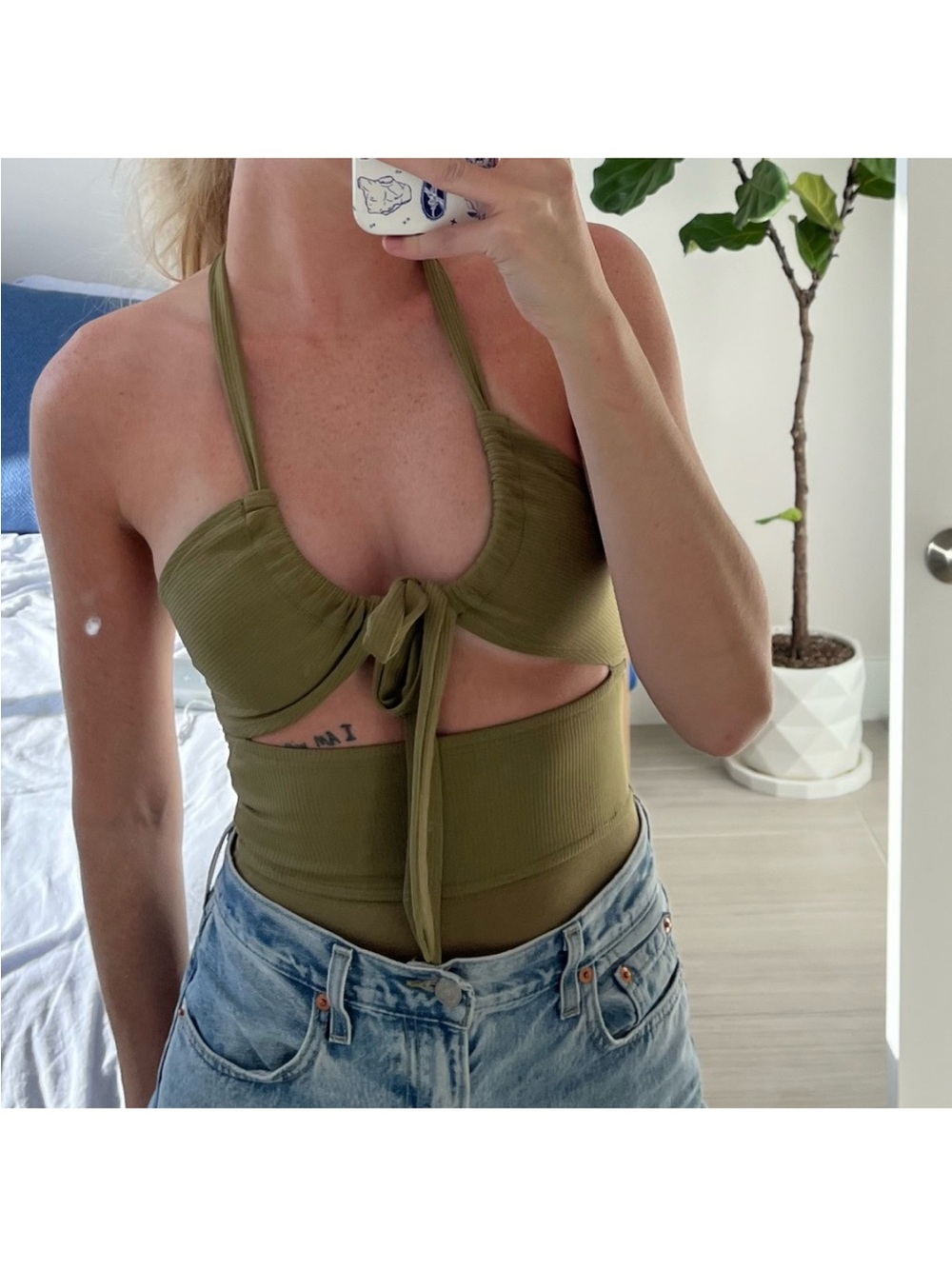 Princess Poly Tie-Front Halter London Bodysuit in Olive Size 10 NWOT